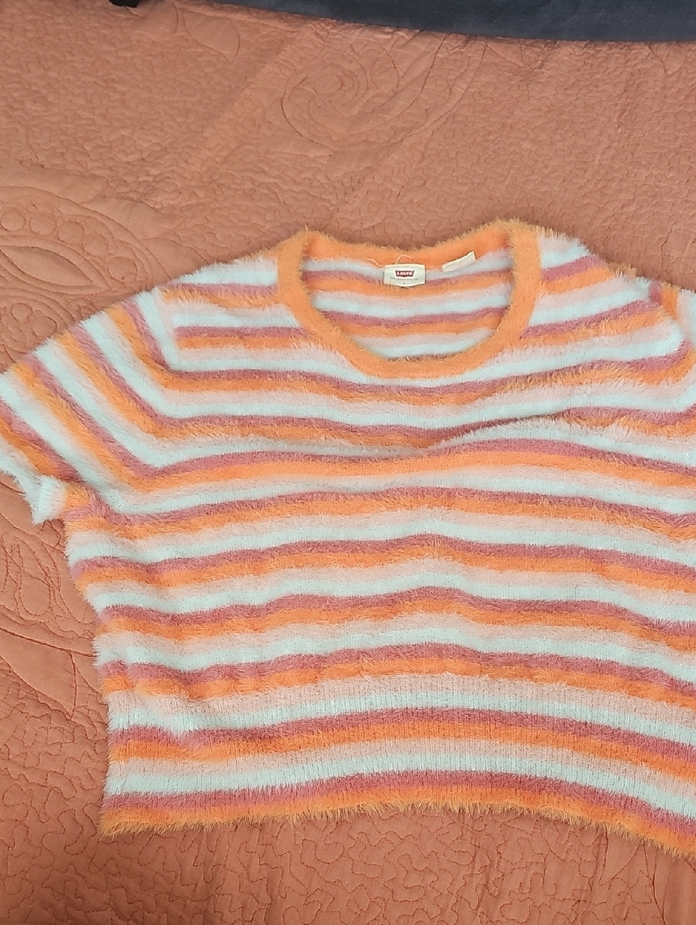 Levi's Striped Fuzzy Short-Sleeve Sweater - Orange, White & Pink